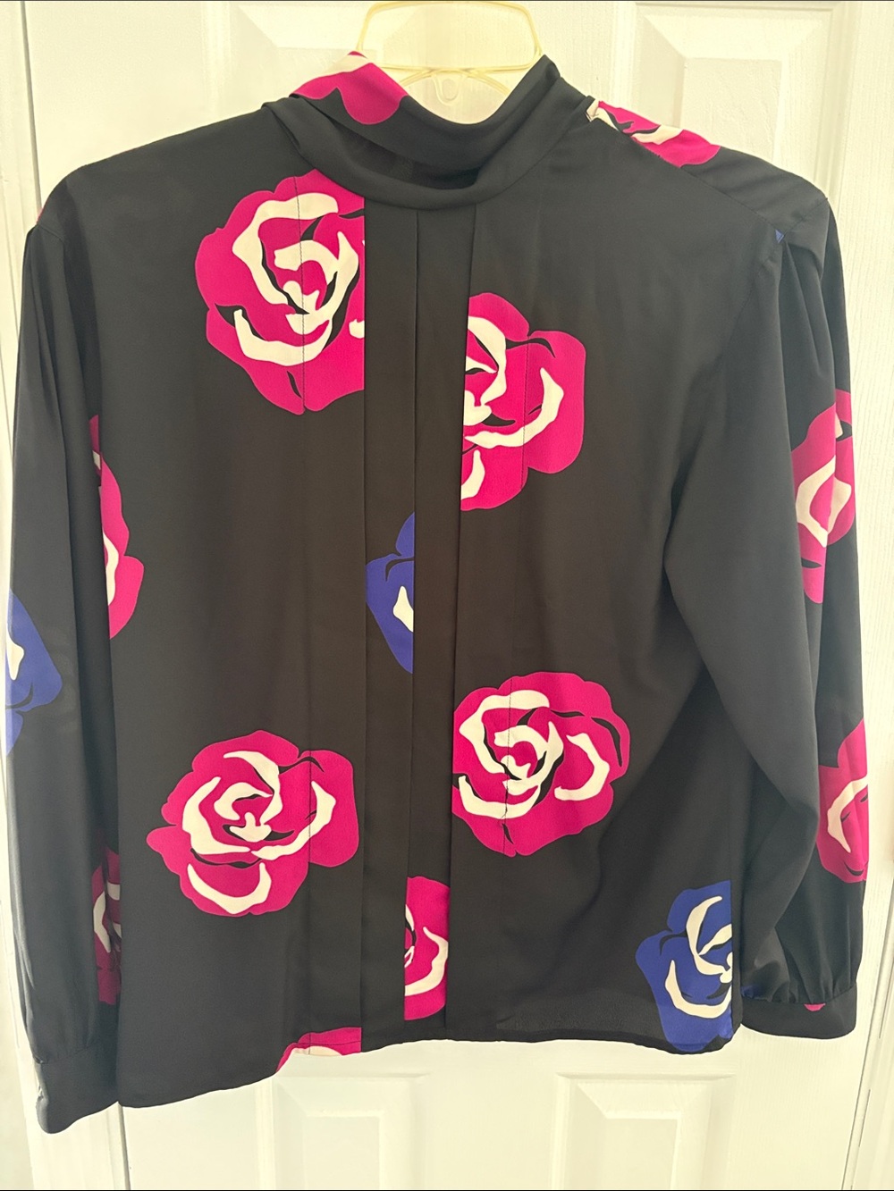 Jones New York Black Blouse with Pink and Blue Rose Print